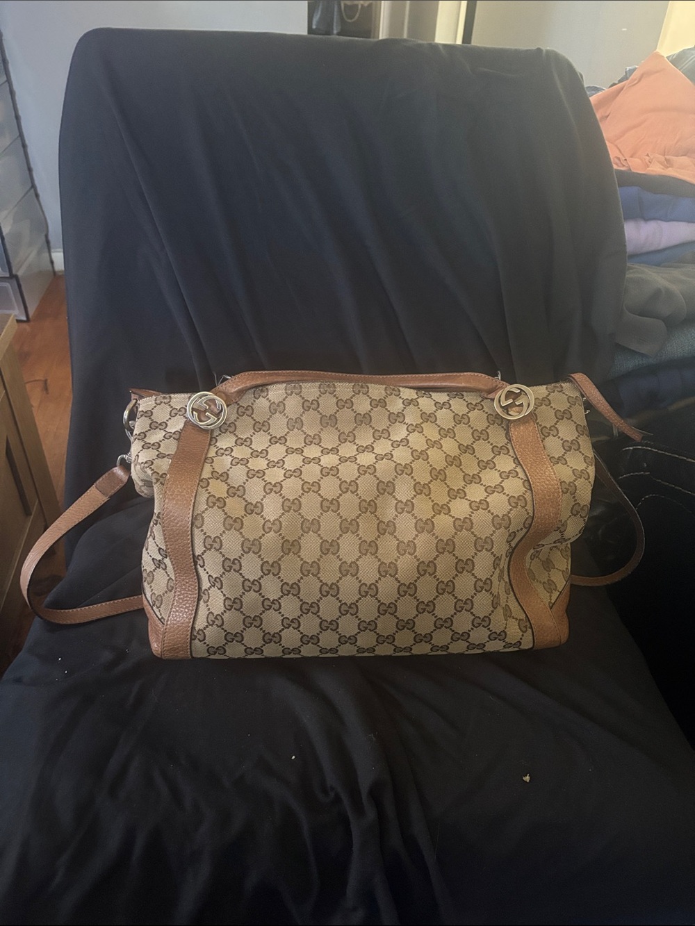 Gucci Brown GG Canvas Shoulder Bag with Tan Leather Trim